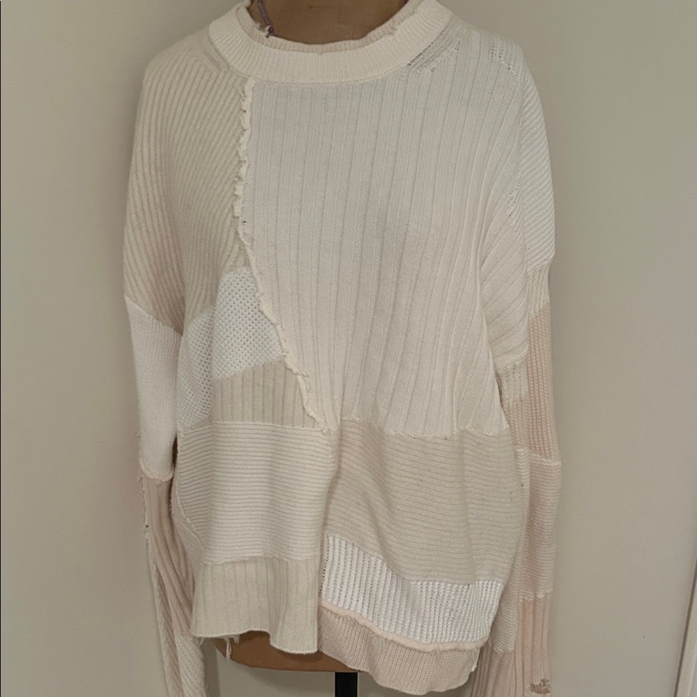 Helmut Lang Distressed Elegant Cream Patchwork Sweater
